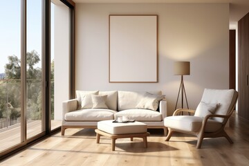A blank mockup frame serves as a potential canvas for creativity in a small, sunlit, and cozy living room, providing a warm and intimate atmosphere. Photorealistic illustration