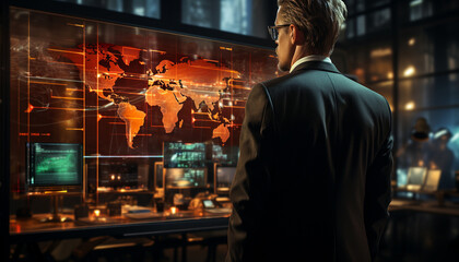 Businessman studies a digital world map interface, indicating global connections and data flow in a modern office setting.