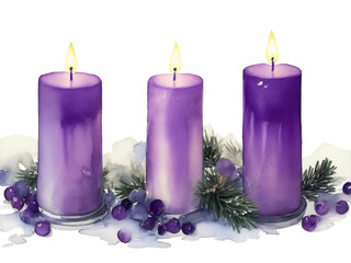 Obraz na płótnie Canvas watercolor purple advent candles illustration