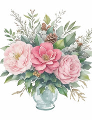 Watercolor Winter Christmas bouquet with folia