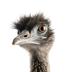 Close up shot of portrait of a emu, facing to camera, isolated on transparent background. 