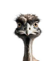 Front view, close up of a emu's head, staring at the camera, isolated on transparent background. 
