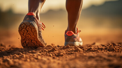 A close-up of the legs of a male runner on a dirt road in nature with sunlight Outdoor trail running training, Start of runner running to success and goal conc