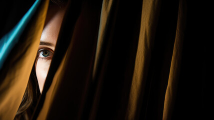 Mysterious woman peaking out through drapes with one eye visible