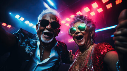 Older senior couple having a great time laughing and dancing wearing bold colorful outfits - obrazy, fototapety, plakaty