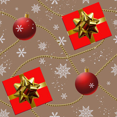 Seamless pattern on the theme of the new year and Christmas with snowflakes, balls, gift box