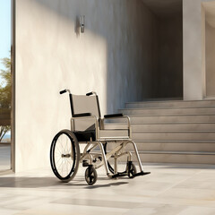 Fototapeta na wymiar empty wheelchair positioned in front of a set of concrete stairs. Architectural barrier concept. Generative AI