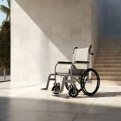 empty wheelchair positioned in front of a set of concrete stairs. Architectural barrier concept. Generative AI