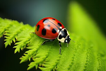 ladybug on green leaf in the wild nature or in the garden, ladybug on a green fern leaf, macro close up, AI Generated