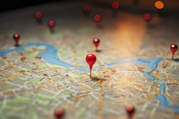 Map of the city on a map of the European Union with red pins, Location marking with a pin on a map with visible routes, AI Generated