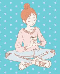 Girl with bun hairstyle holding a coffee cup, sitting down on the ground in a sweater, jean and sneakers. Cozy fall and winter manga or anime illustration. Freehand digital painting.