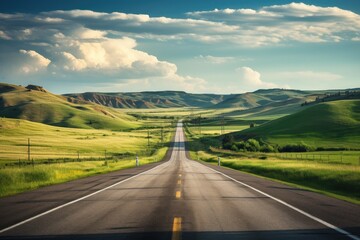 Driving on the road in Tuscany, Italy, Europe, Long highway road landscape in a rural area, AI...