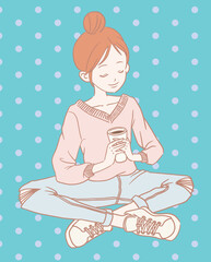 Girl with bun hairstyle holding a coffee cup, sitting down on the ground in a sweater, jean and sneakers. Cozy fall and winter manga or anime illustration. Freehand digital painting.