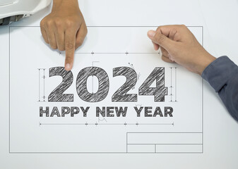 Happy New Year 2024 social media .2023-2024 
on blue print construction industry. new year resolution concept.wood text on ground.Perfect for your invitation or office card.Christmas Day