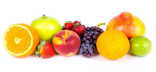 Fruits and berries on a white background.