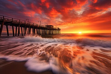 Long exposure of the pier at sunrise in Huntington Beach, California, long tall pier at sunset, small waves rolling in, AI Generated