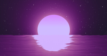 Abstract purple moon over water sea and horizon with reflections background