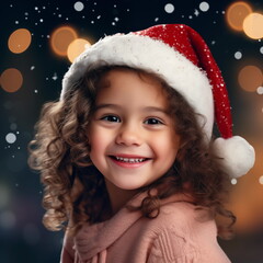 Portrait of happy running  little girl in red santa's hat over christmas tree background