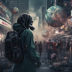 Concept of global pandemic virus . Abstract fantasy portrait of stalker men in protect costume on destructed apocalyptic wasteland city background. Apocalypse city.