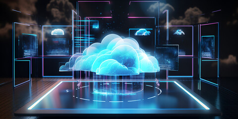Digital informational technology Computers and cloud behind an icon Abstract futuristic cloud technology background  AI Generative 