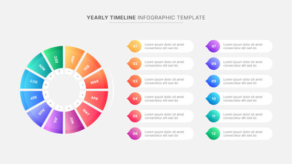Yearly Timeline Circular Infographic Template with 12 Months - obrazy, fototapety, plakaty