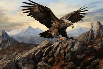 An eagle pounces on its prey on a hill - obrazy, fototapety, plakaty