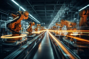a pristine assembly line gleaming under overhead lights, with long exposure blurring the movement of robotic arms, casting luminescent trails in the factory ambience - obrazy, fototapety, plakaty