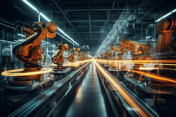 Foto op Plexiglas a pristine assembly line gleaming under overhead lights, with long exposure blurring the movement of robotic arms, casting luminescent trails in the factory ambience © Christian