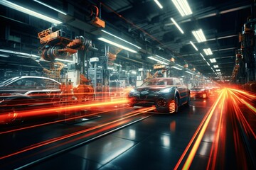 a pristine assembly line gleaming under overhead lights, with long exposure blurring the movement of robotic arms, casting luminescent trails in the factory ambience