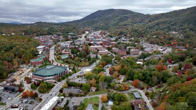 aerial in autumn over the appalachian state university campus