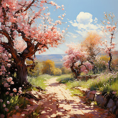 Fototapeta premium Serene Springtime in the Countryside,landscape with trees,landscape with trees and pond,blossom in spring,tree in bloom