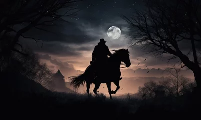 Fotobehang A man riding a horse under a full moon © uhdenis