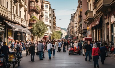 Photo of a bustling city street with towering buildings and a throng of people in motion