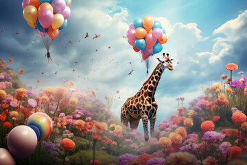 Scene featuring an giraffe floating with balloons. AI Generative