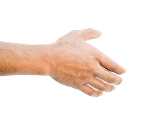 Male hands extended forward to shake hands or grab something on white background business concept.