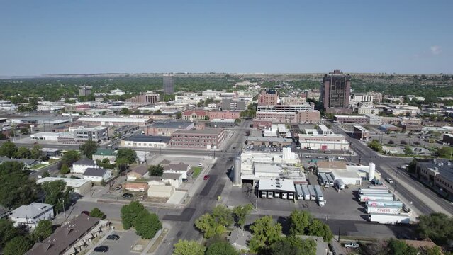 City Buildings on Summer Day in Billings, Montana - Establishing Aerial Drone