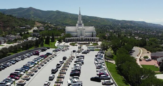 Bountiful Temple for LDS Mormon Church on Sunny Summer Day, Aerial