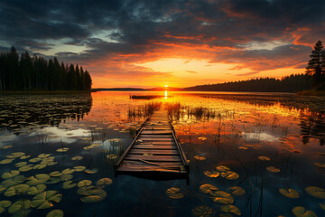 Beautiful sunrise panorama over the lake