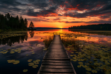 Obraz premium Beautiful sunrise panorama over the lake