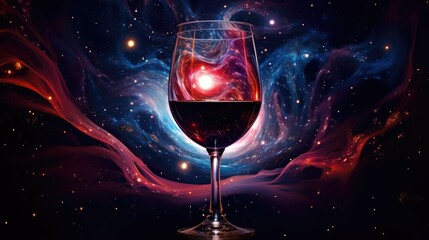  a glass of wine with a red and blue swirl in the background.  generative ai