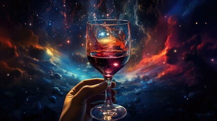  a hand holding a wine glass in front of a colorful sky.  generative ai