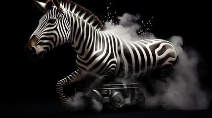  a zebra standing on top of a car covered in smoke.  generative ai