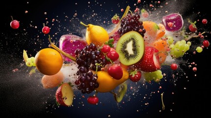  a bunch of fruit that is falling into the air with a splash of water on them.  generative ai