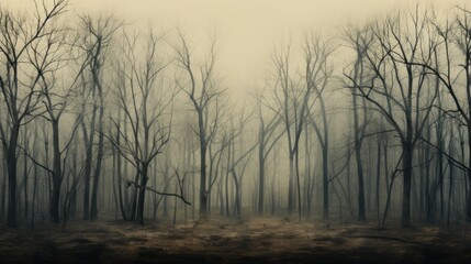 Fototapeta premium a forest filled with lots of tall trees covered in fog. generative ai