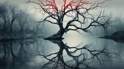  a tree with no leaves is reflected in a still lake.  generative ai