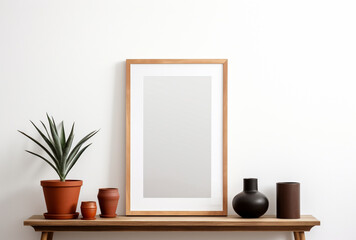 mock up empty poster frame on minimalist table, Ai generated Images