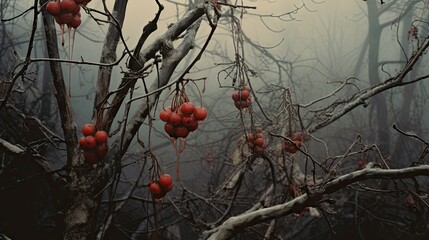  a bunch of red berries hanging from a tree in a foggy forest.  generative ai