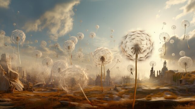  a painting of dandelions blowing in the wind in a field.  generative ai