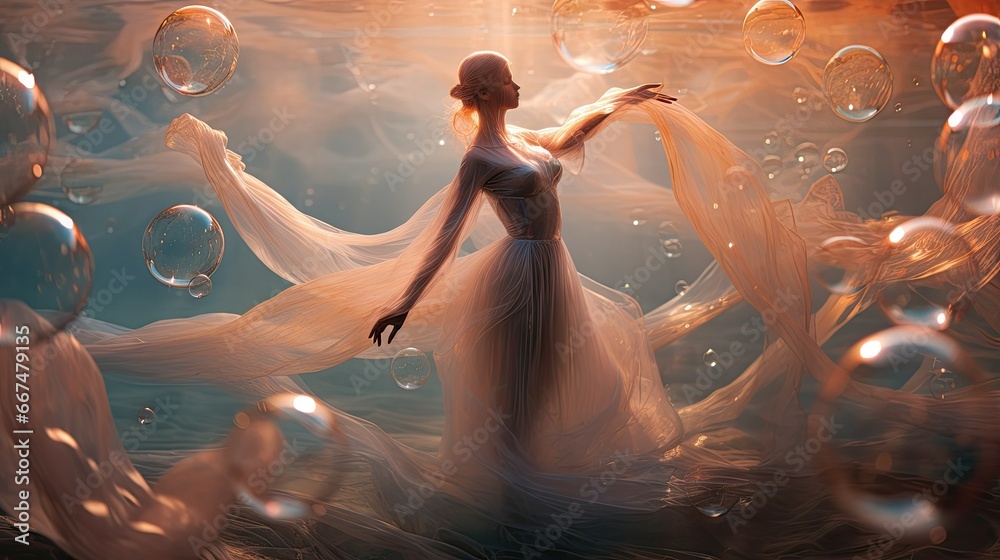 Poster a woman in a white dress is surrounded by soap bubbles. generative ai