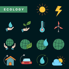 Set of ecology flat icon design. Ecology doodle icon collections.